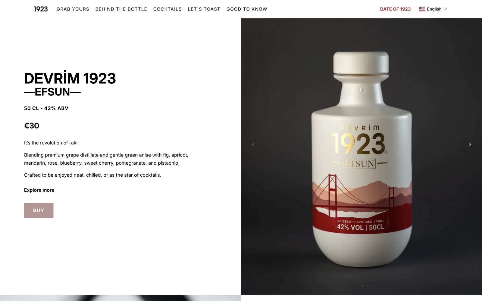 Devrim 1923 website showing the Efsun bottle and its product presentation