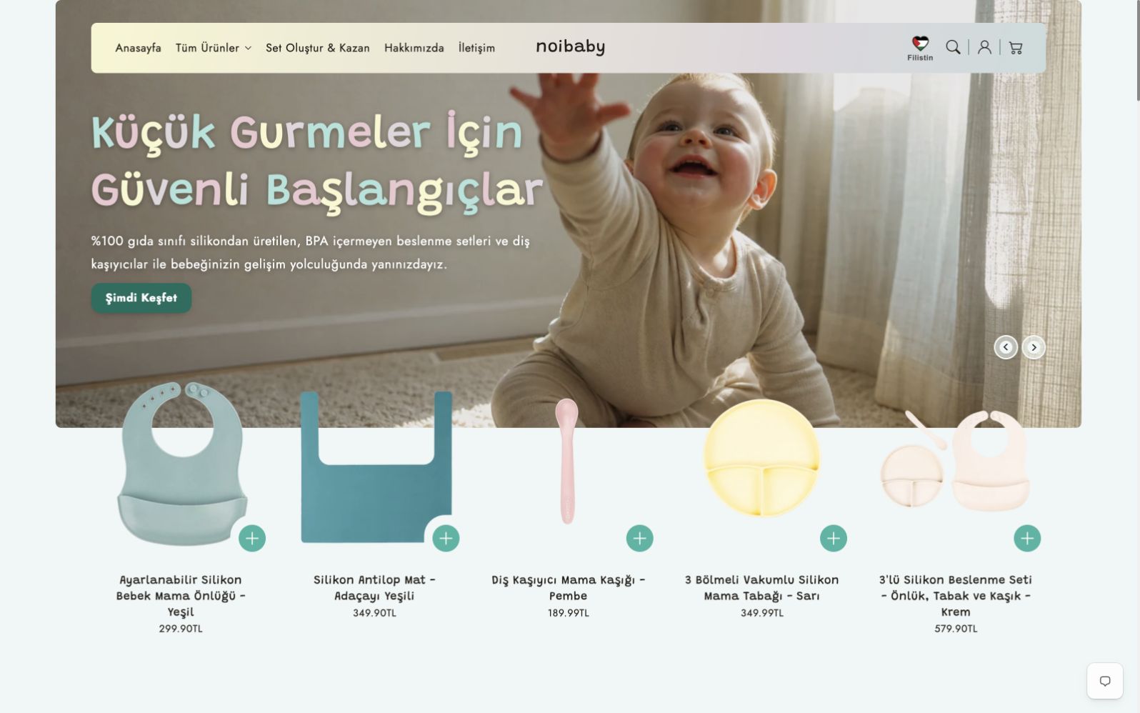 NoiBaby desktop homepage with a single-row navigation and silicone baby feeding products